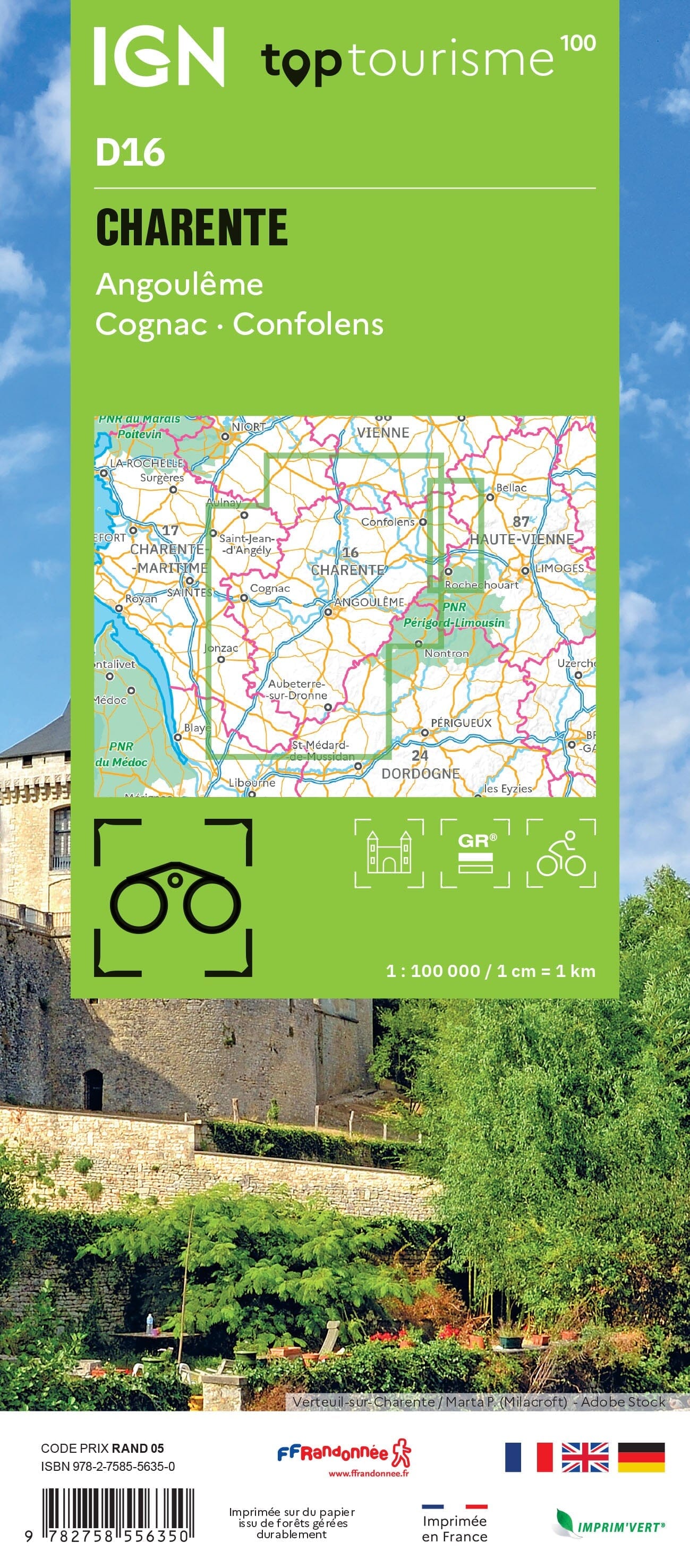 Carte touristique TOP 100 D16 - Charente : Angoulême, Cognac, Confolens | IGN carte routière IGN