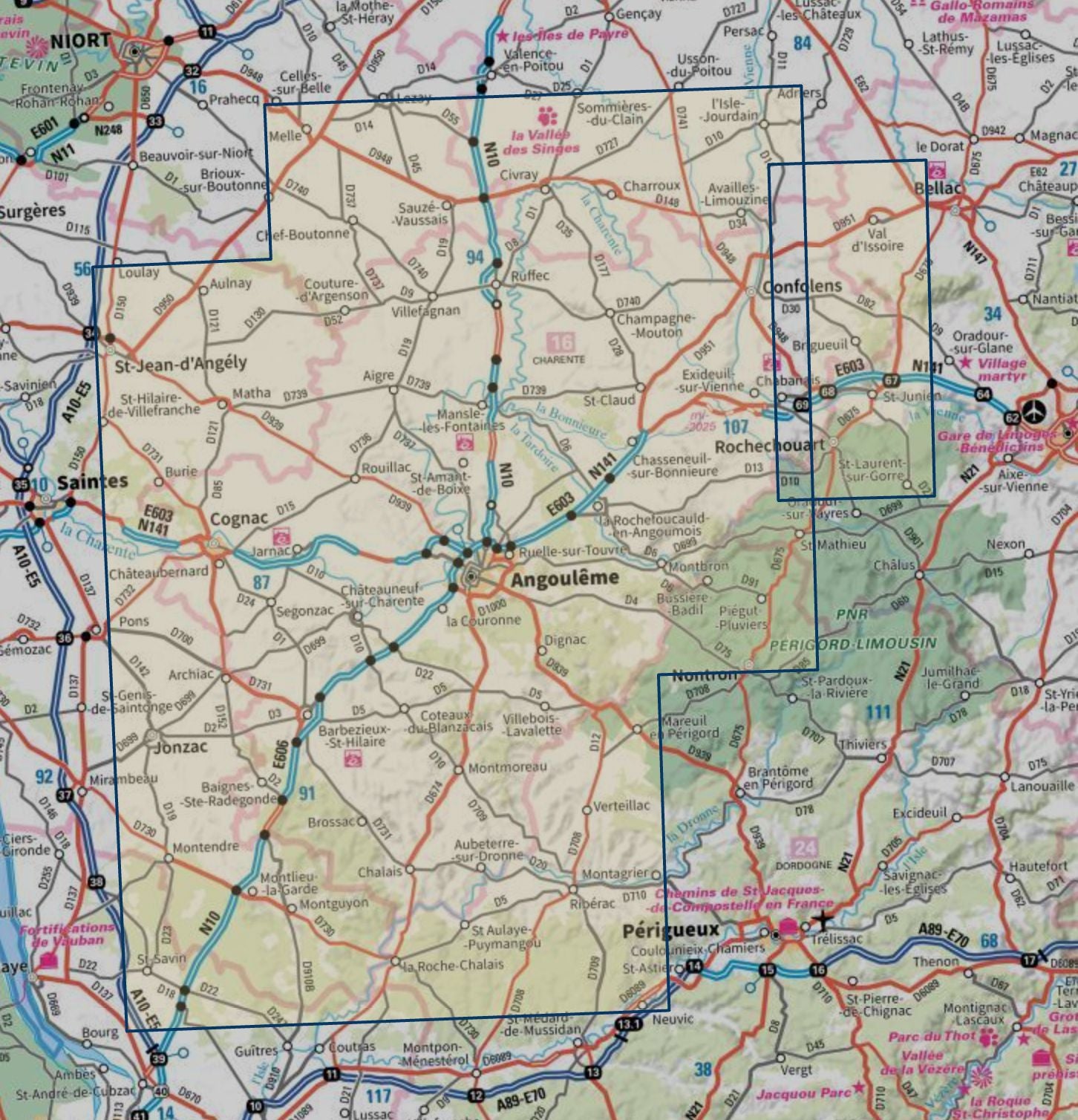 Carte touristique TOP 100 D16 - Charente : Angoulême, Cognac, Confolens | IGN carte routière IGN 