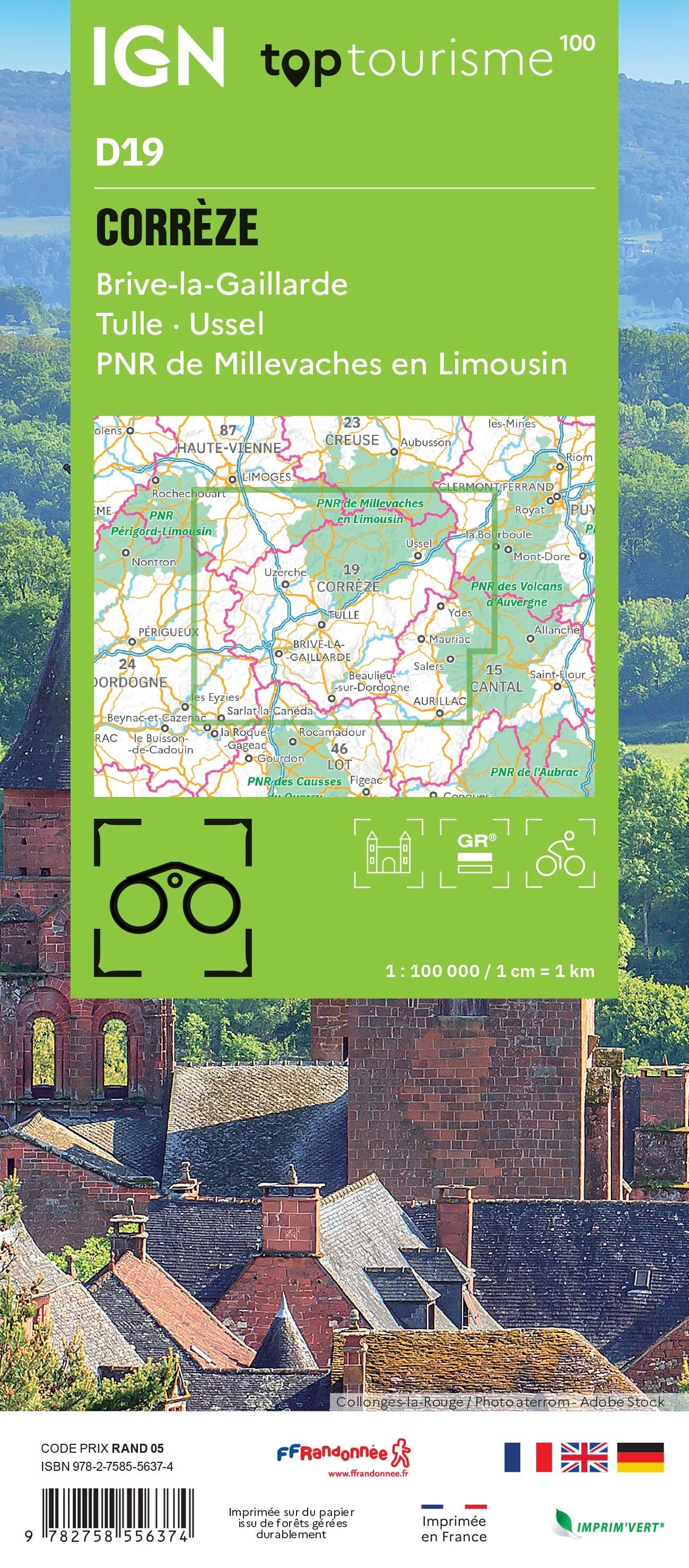 Carte touristique TOP 100 D19 - Corrèze : Brive La Gaillarde, Tulle, Ussel, Pnr De Millevaches En Limousin | IGN carte routière IGN