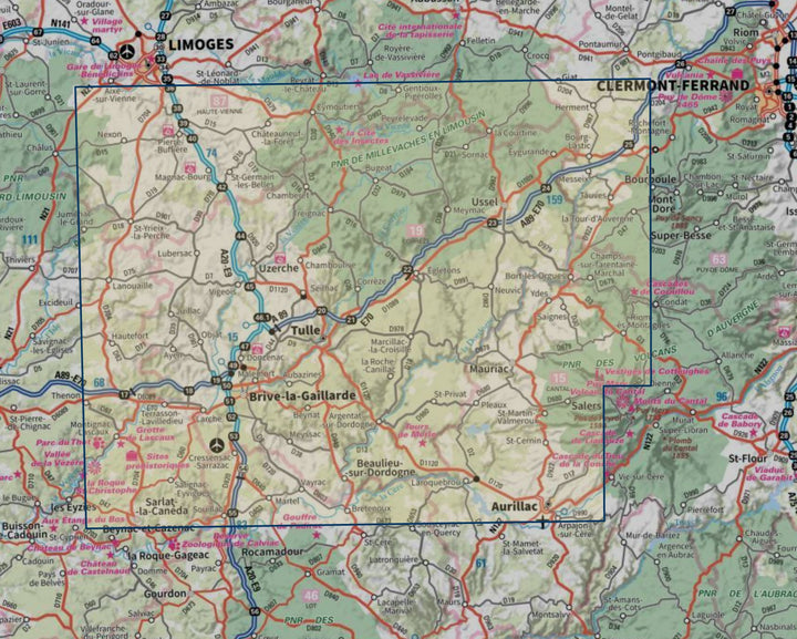 Carte touristique TOP 100 D19 - Corrèze : Brive La Gaillarde, Tulle, Ussel, Pnr De Millevaches En Limousin | IGN carte routière IGN 