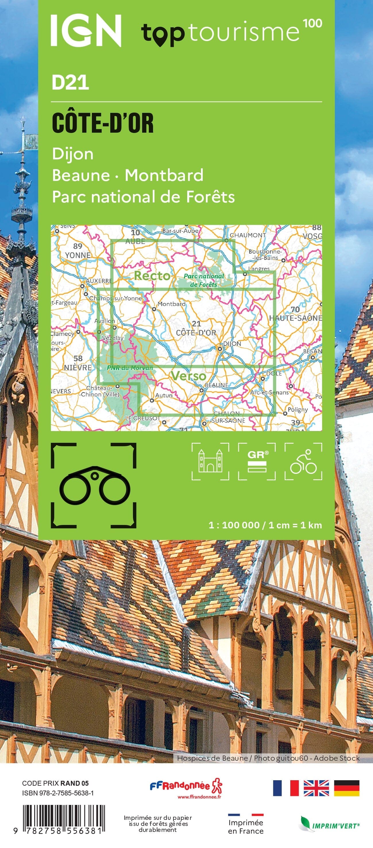 Carte touristique TOP 100 D21 - Côte-D'Or : Dijon, Beaune, Montbard, Parc National des Forêts | IGN carte routière IGN