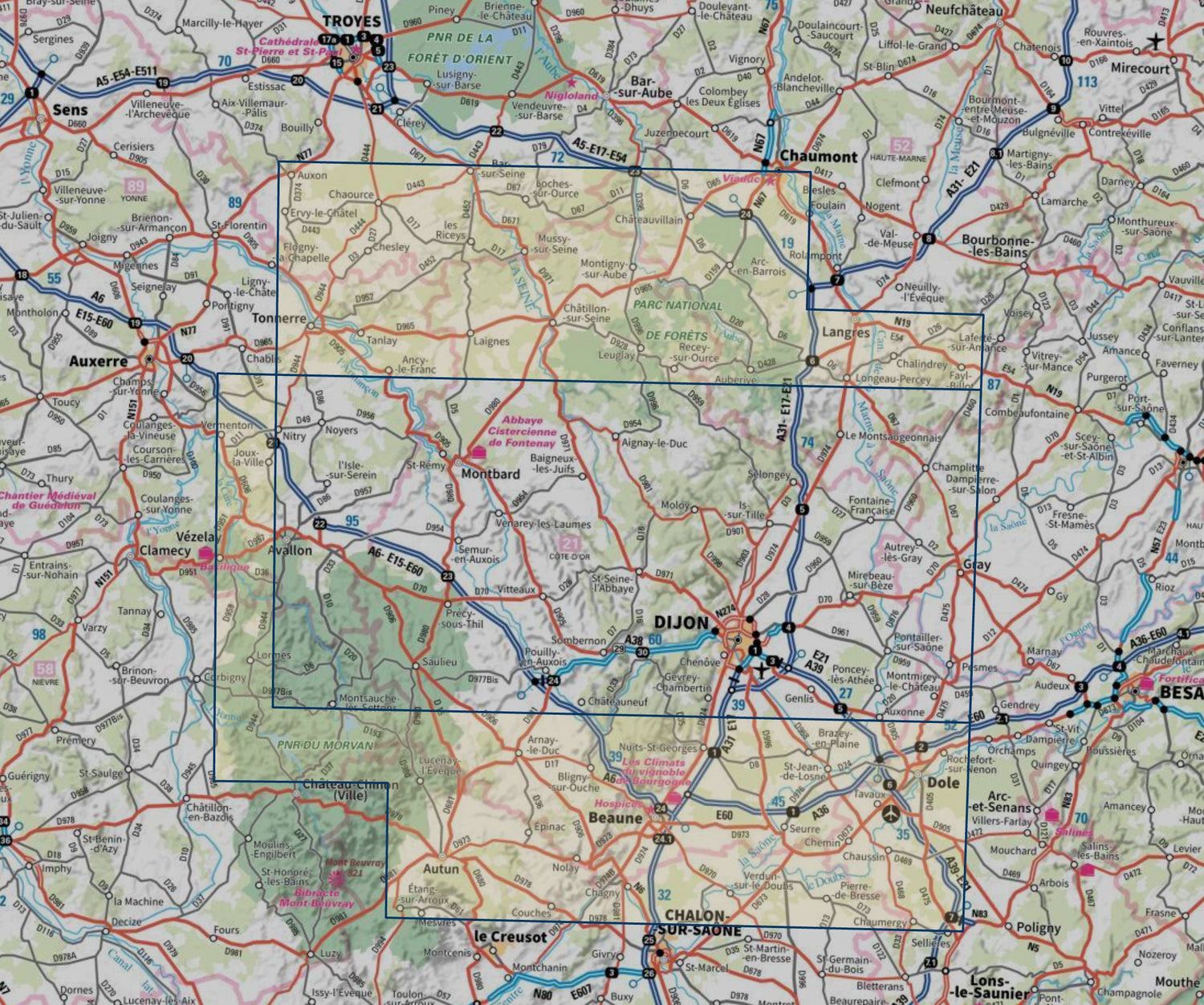 Carte touristique TOP 100 D21 - Côte-D'Or : Dijon, Beaune, Montbard, Parc National des Forêts | IGN carte routière IGN 