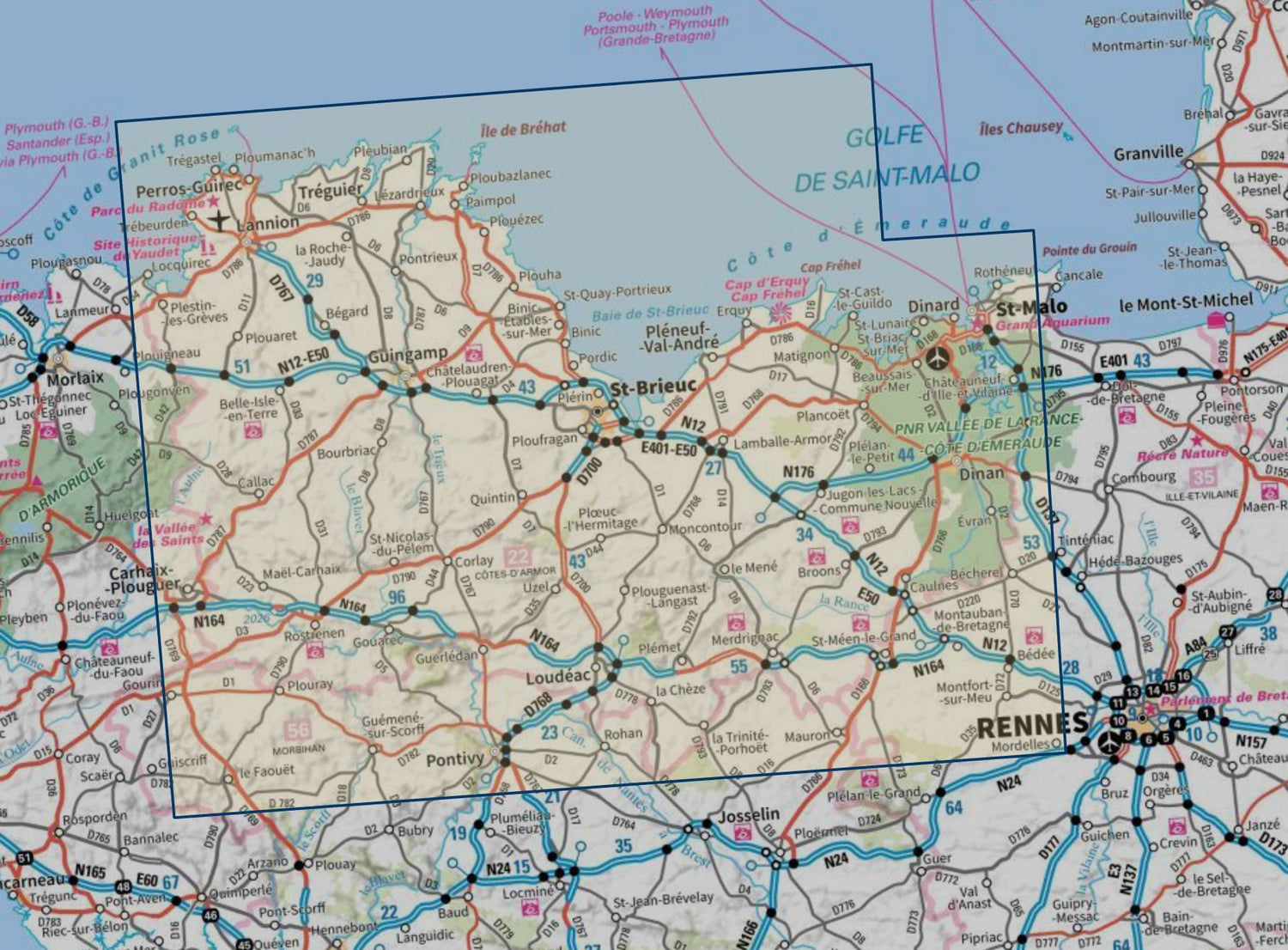 Carte touristique TOP 100 D22 - Côtes-d'Armor : St-Brieuc, Lannion, Côte de Granit Rose, Côte d'Émeraude | IGN carte routière IGN 