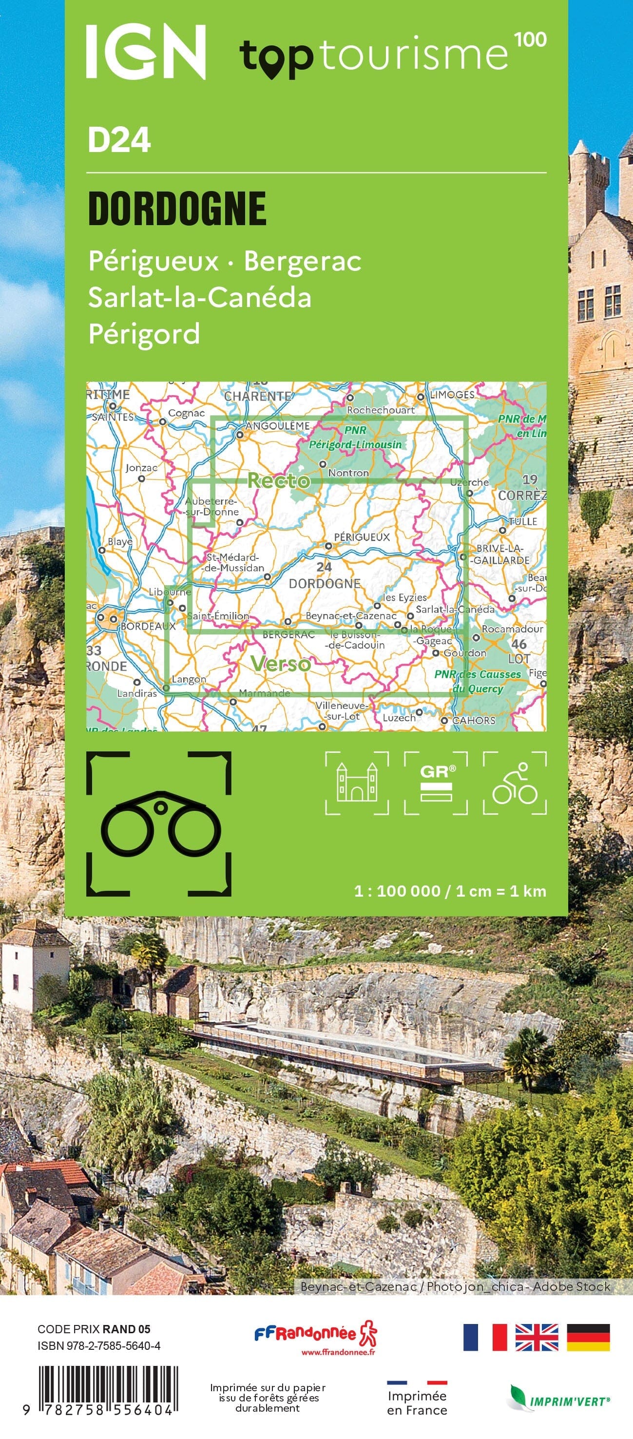 Carte touristique TOP 100 D24 - Dordogne : Périgueux, Bergerac, Sarlat La Canéda, Périgord | IGN carte routière IGN