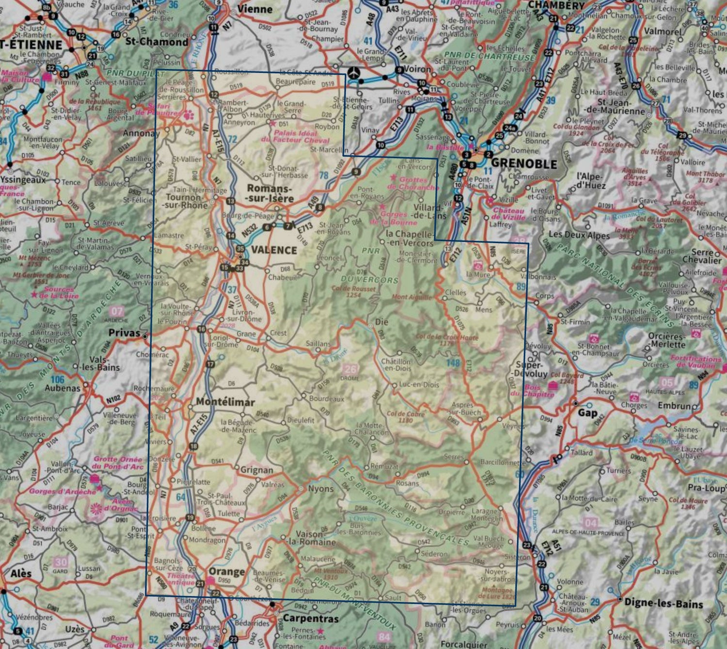 Carte touristique TOP 100 D26 - Drôme : Valence, Montélimar, Die, PNR Baronnies provençales, PNR du Vercors | IGN carte routière IGN 