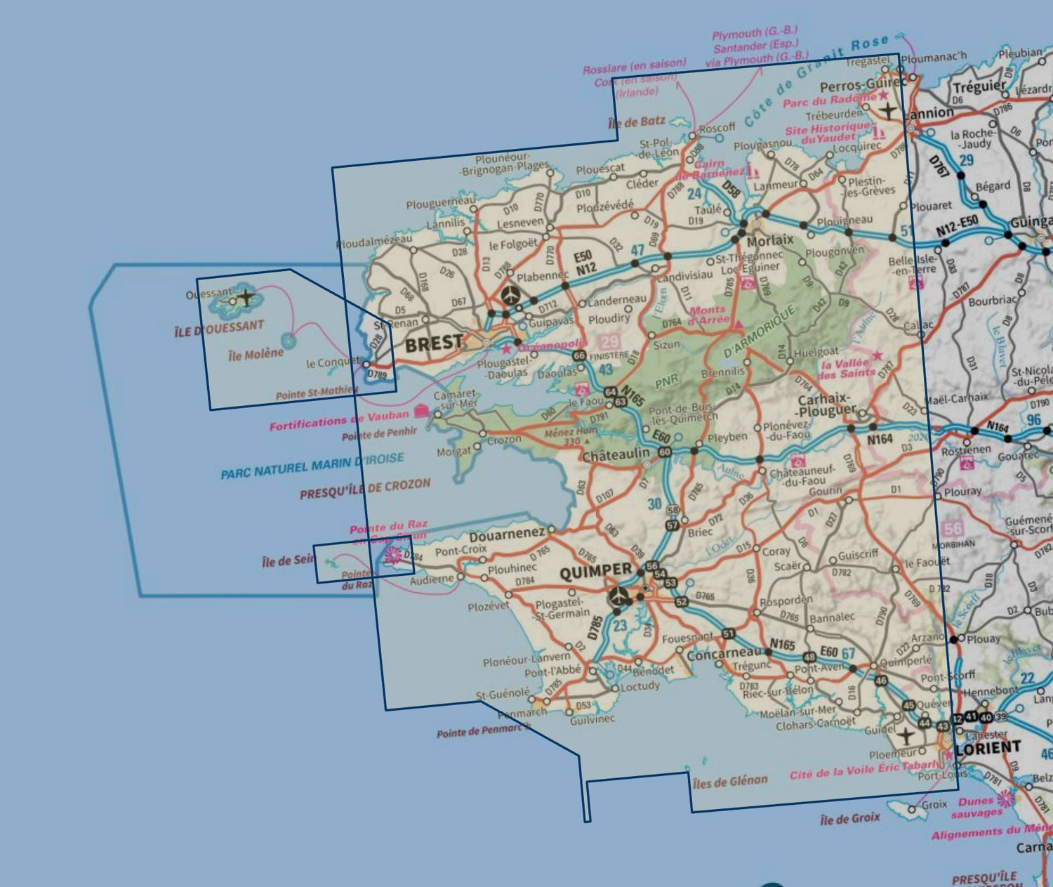 Carte touristique TOP 100 D29 - Finistère : Brest, Quimper, PNR Armorique, Pointe du Raz, Ouessant | IGN carte routière IGN 