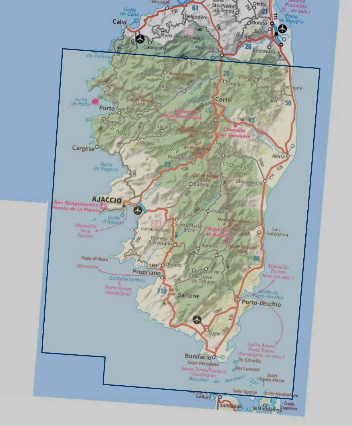 Carte touristique TOP 100 D2A - Corse-du-Sud : Ajaccio, Bonifacio, Porto-Vecchio, PNR Corse | IGN carte routière IGN 