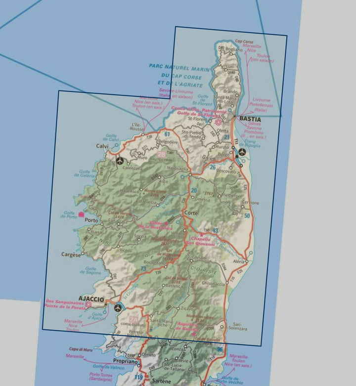 Carte touristique TOP 100 D2B - Haute-Corse : Bastia, Calvi, Corte, PNR Corse | IGN carte routière IGN 