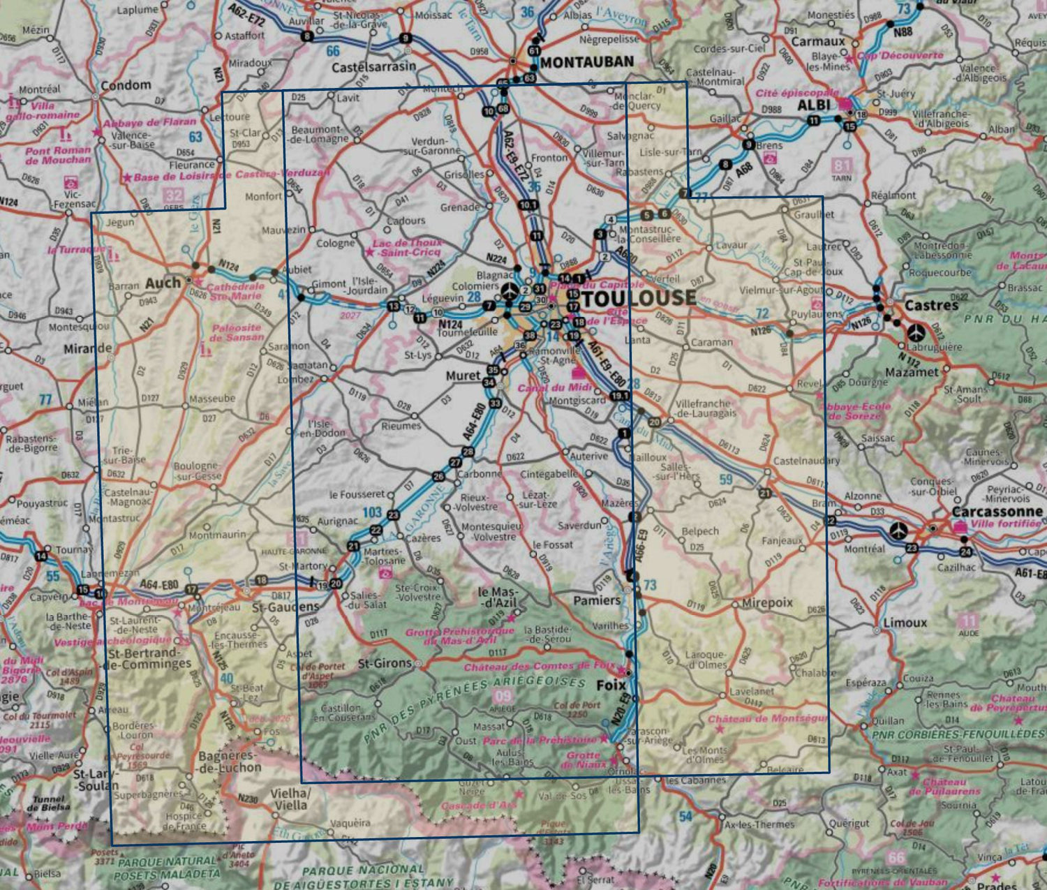Carte touristique TOP 100 D31 - Haute-Garonne : Toulouse, St-Gaudens, Bagnères-de-Luchon, Canal du midi | IGN carte routière IGN 