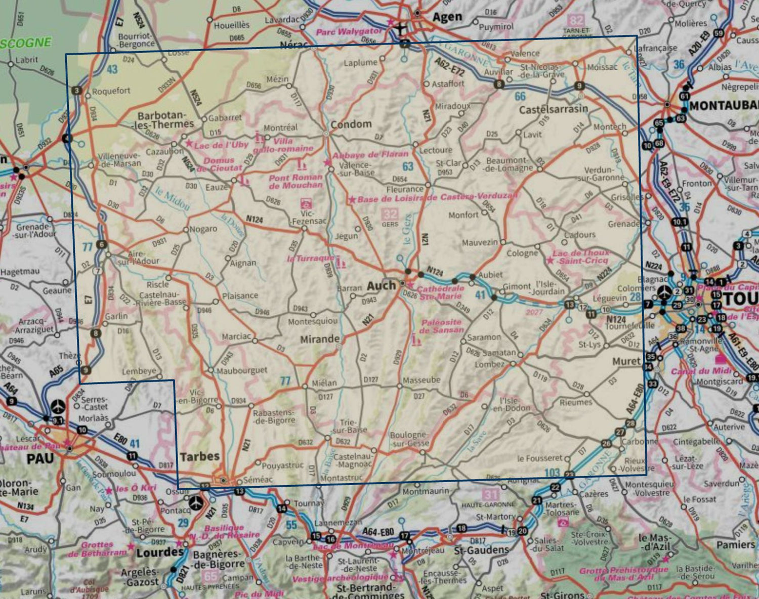 Carte touristique TOP 100 D32 - Gers : Auch, Mirande, Armagnac | IGN carte routière IGN 