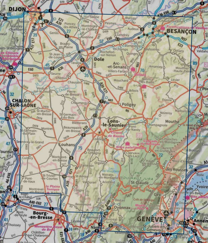 Carte touristique TOP 100 D39 - Jura : Pays de Dole et Val d'Amour, Champagnole, Les Rousses, Haut-Jura | IGN carte routière IGN 