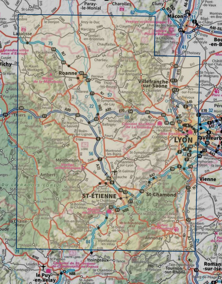 Carte touristique TOP 100 D42 - Loire : Saint-Etienne, Roanne, PNR du Pilat | IGN carte routière IGN 
