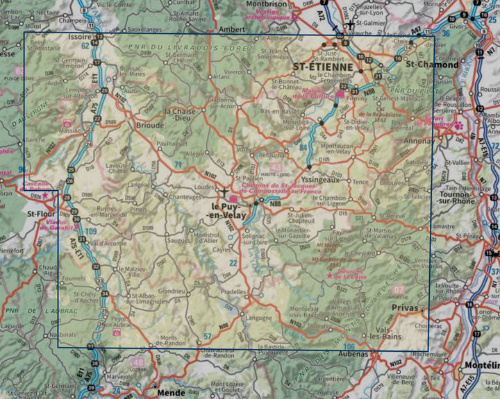 Carte touristique TOP 100 D43 - Haute-Loire : Le-Puy-en-Velay, Brioude, Gorges de l'Allier | IGN carte routière IGN 