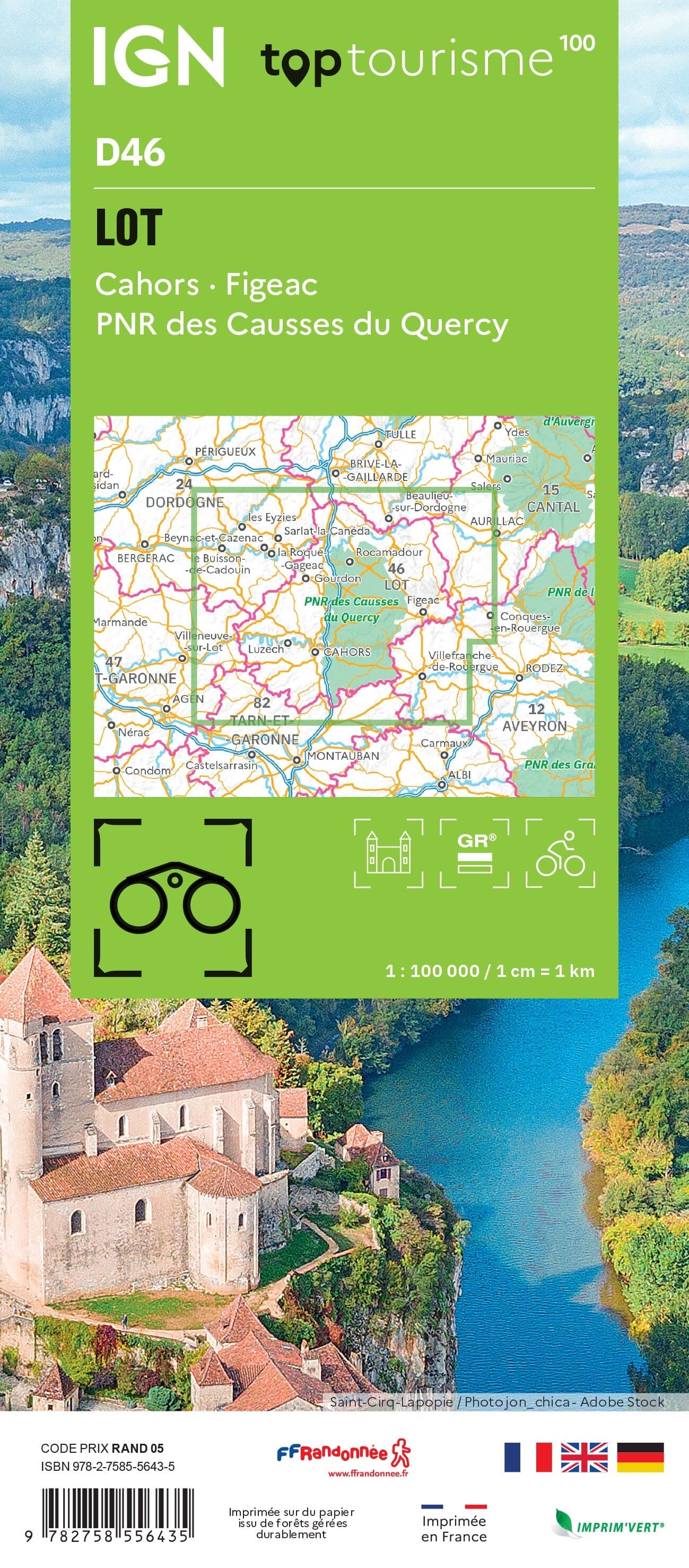 Carte touristique TOP 100 D46 - Lot, Cahors : Figeac, Pnr des Causses du Quercy | IGN carte routière IGN