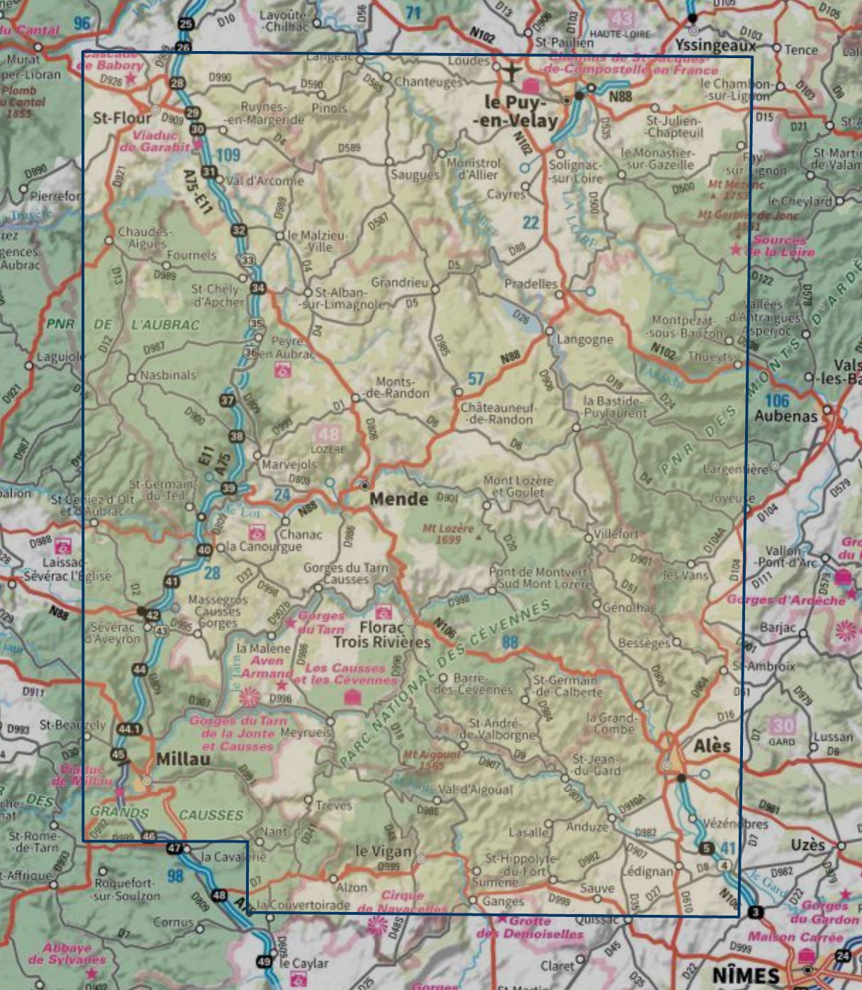 Carte touristique TOP 100 D48 - Lozère : Mende, Florac-Trois-Rivières, PN des Cévennes | IGN carte routière IGN 