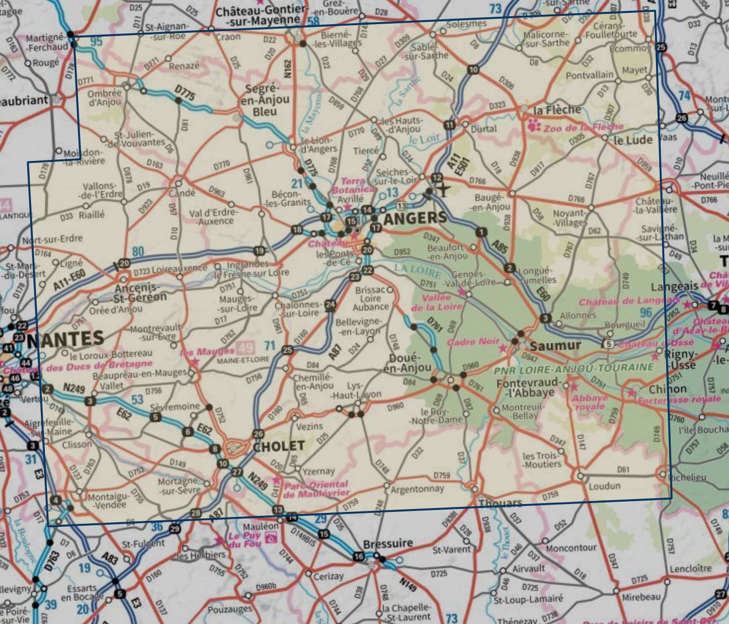 Carte touristique TOP 100 D49 - Maine-et-Loire : Angers, Saumur, Cholet, Châteaux de la Loire | IGN carte routière IGN 