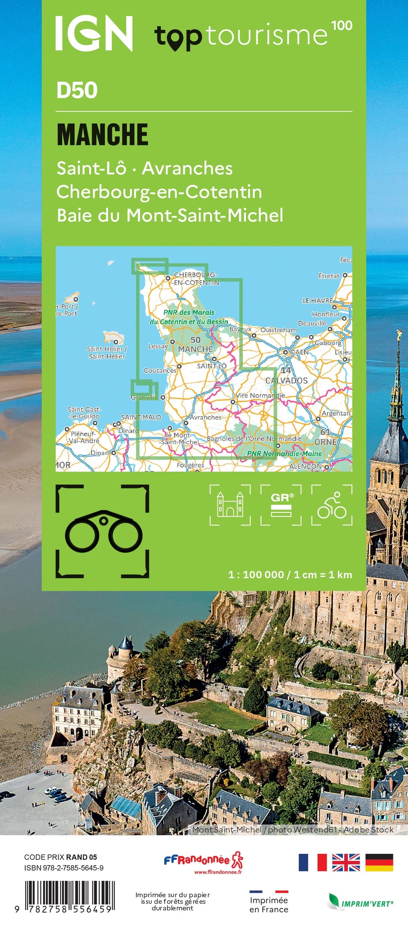 Carte touristique TOP 100 D50 - Manche : St Lô, Avranches, Cherbourg En Cotentin, Baie du Mont St Michel | IGN carte routière IGN