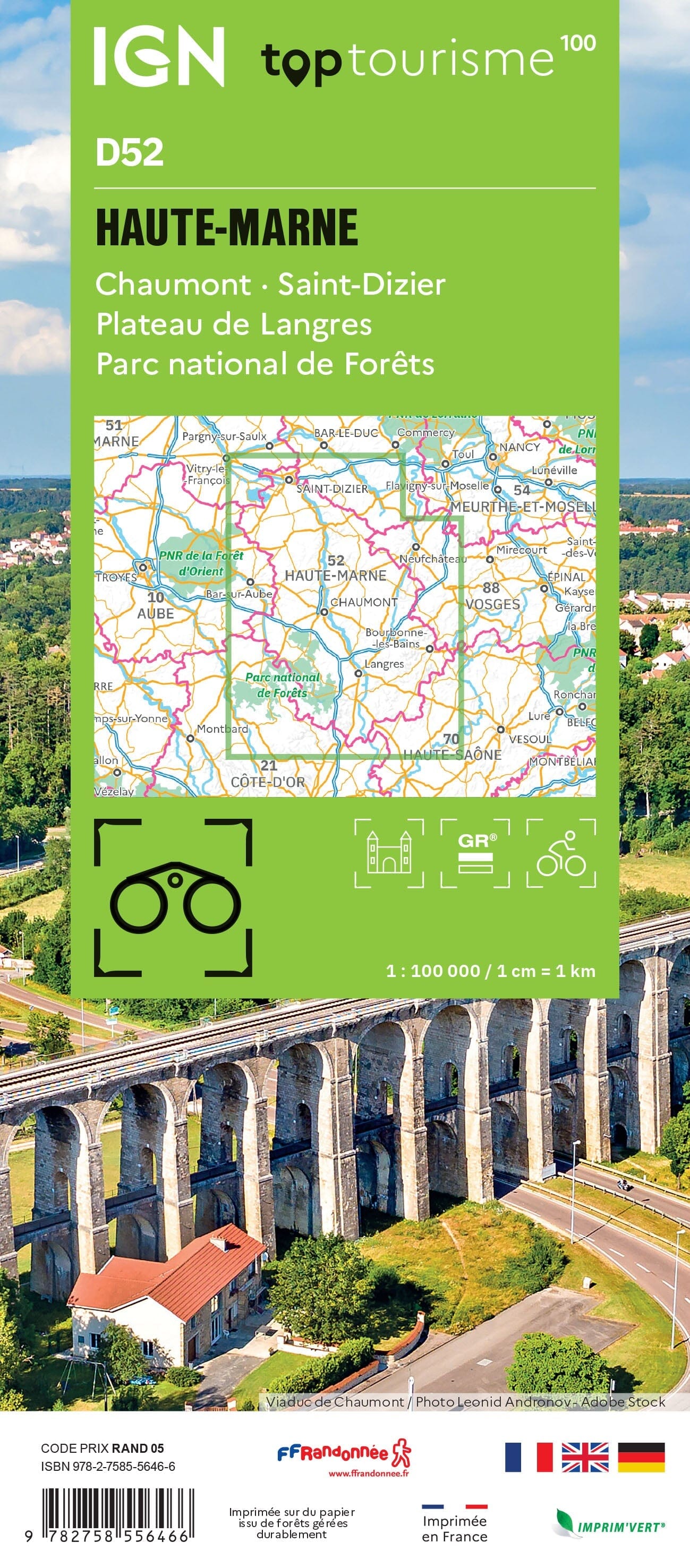 Carte touristique TOP 100 D52 - Haute-Marne : Chaumont, St Dizier, Plateau De Langres, Parc National des Forêts | IGN carte routière IGN