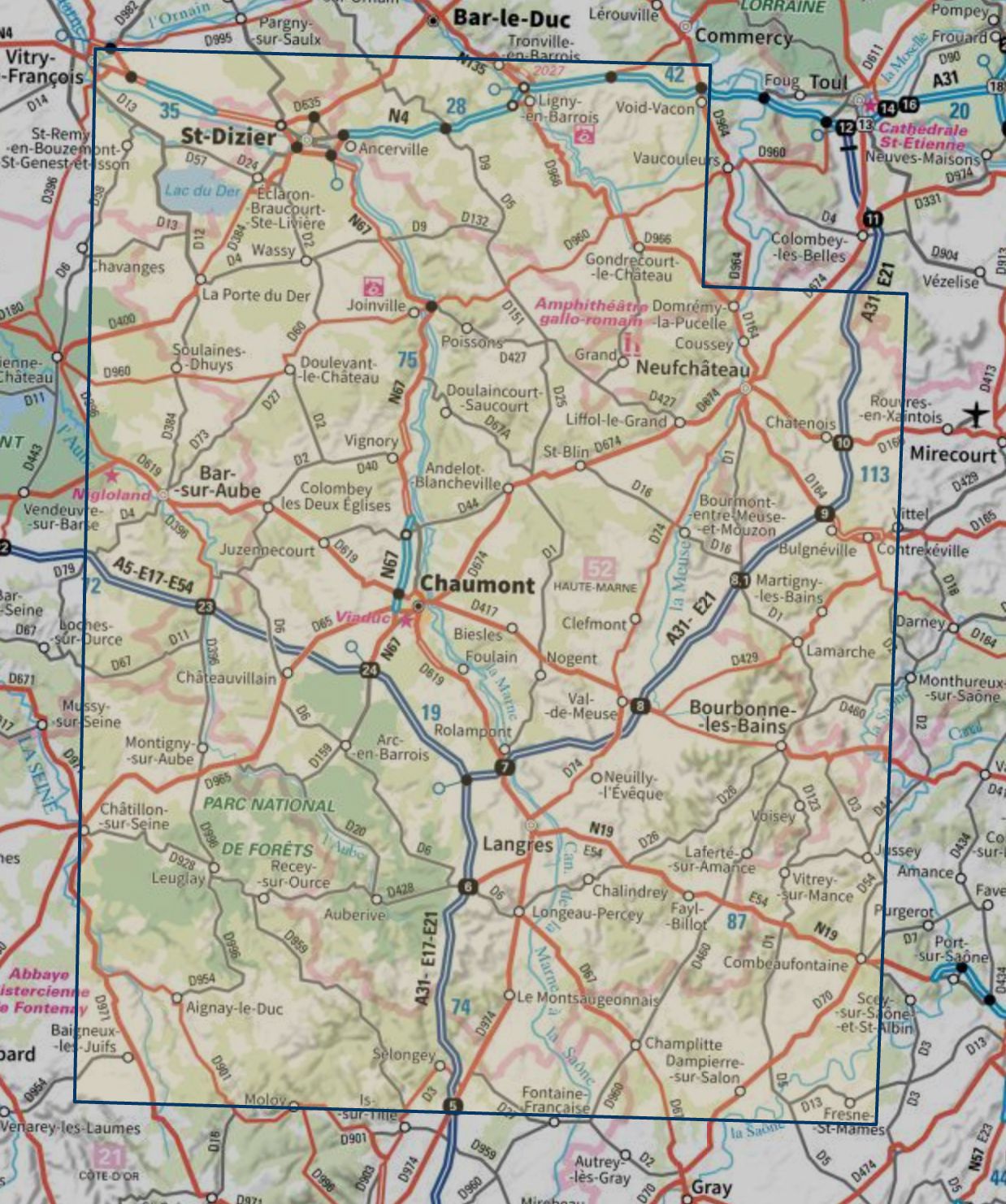 Carte touristique TOP 100 D52 - Haute-Marne : Chaumont, St Dizier, Plateau De Langres, Parc National des Forêts | IGN carte routière IGN 