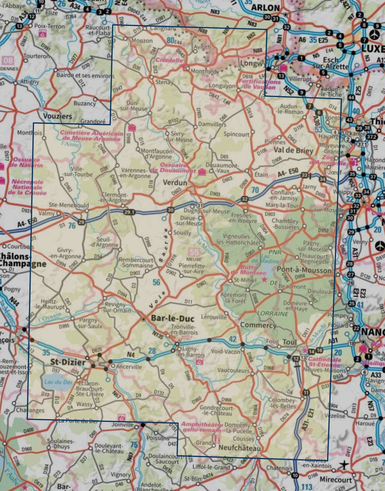 Carte touristique TOP 100 D55 - Meuse : Bar Le Duc, Verdun, Forêt d'Argonne | IGN carte routière IGN 