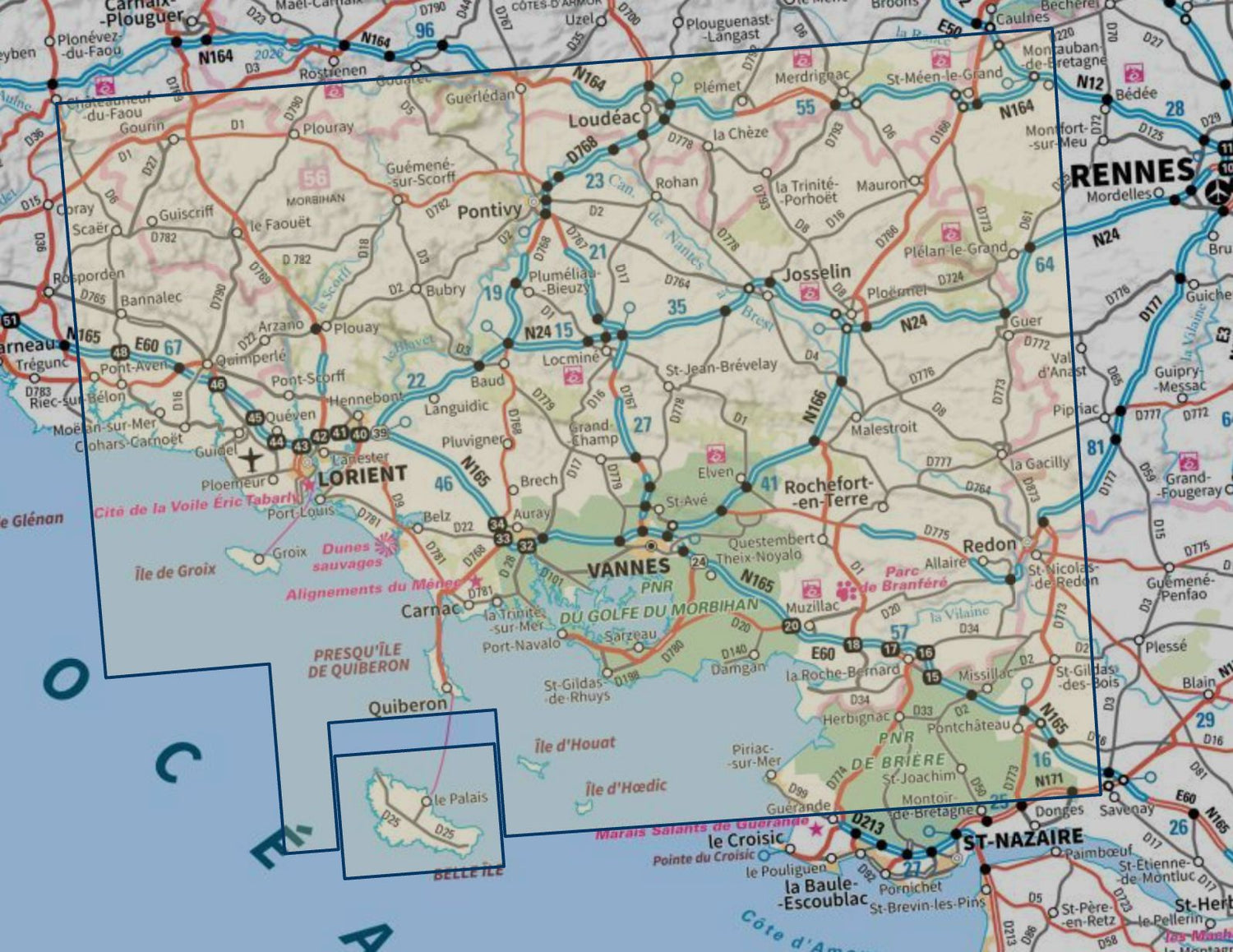 Carte touristique TOP 100 D56 - Morbihan : Vannes, Lorient, Belle-île, Quiberon, île de Grois, PNR Golfe du Morbihan | IGN carte routière IGN 