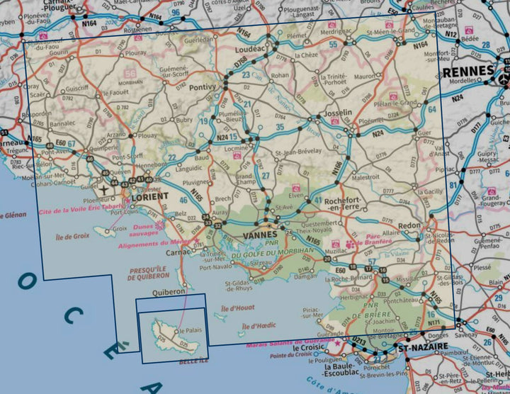 Carte touristique TOP 100 D56 - Morbihan : Vannes, Lorient, Belle-île, Quiberon, île de Grois, PNR Golfe du Morbihan | IGN carte routière IGN 