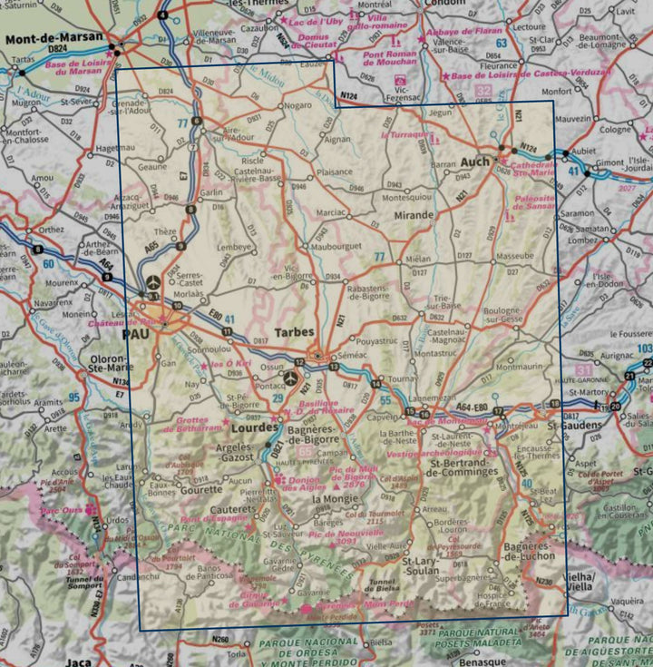 Carte touristique TOP 100 D65 - Hautes-Pyrénées : Tarbes, Lourdes, Gavarnie, Néouvielle | IGN carte routière IGN 