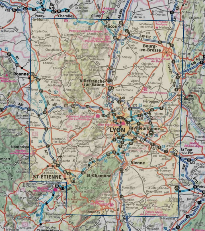 Carte touristique TOP 100 D69 - Rhône : Lyon, Villefranche-sur-Saône, Monts du Lyonnais| IGN carte routière IGN 
