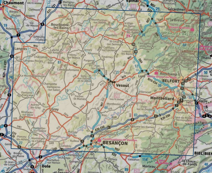 Carte touristique TOP 100 D70 - Haute-Saône : Vesoul, Lure, Vallée de la Saône | IGN carte routière IGN 