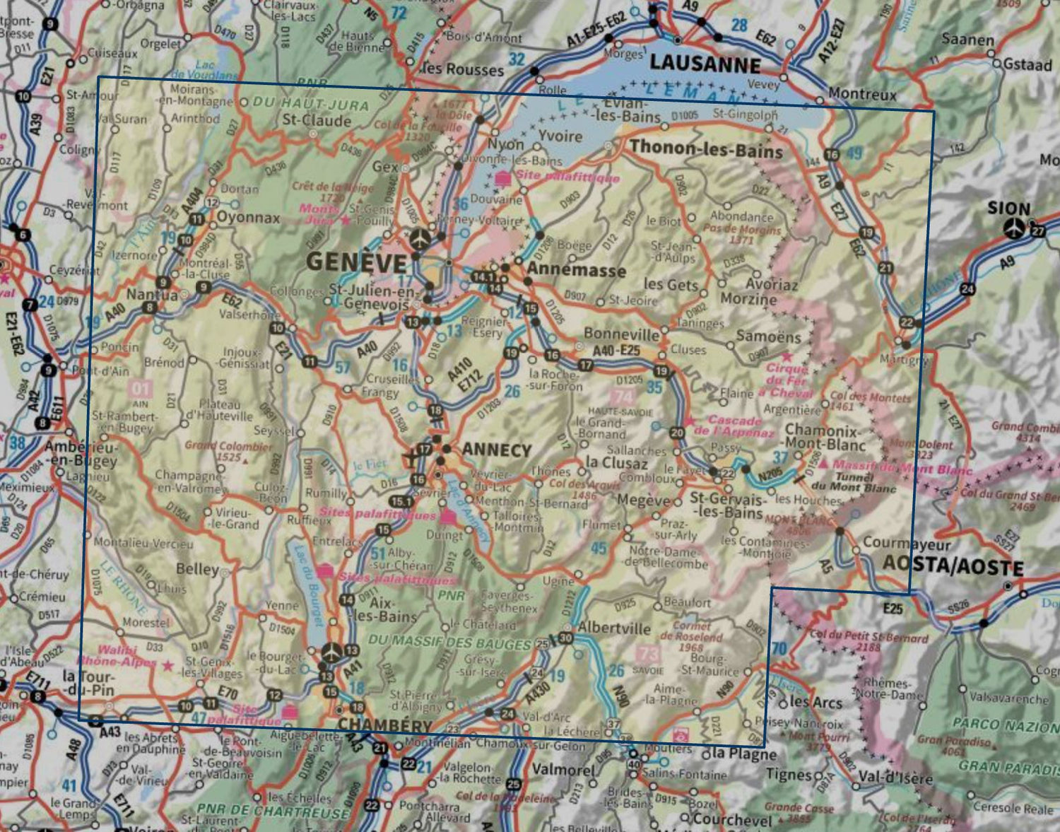 Carte touristique TOP 100 D74 - Haute-Savoie : Annecy, Thonon-les-Bains, Massif Mont-Blanc, Aravis | IGN carte routière IGN 