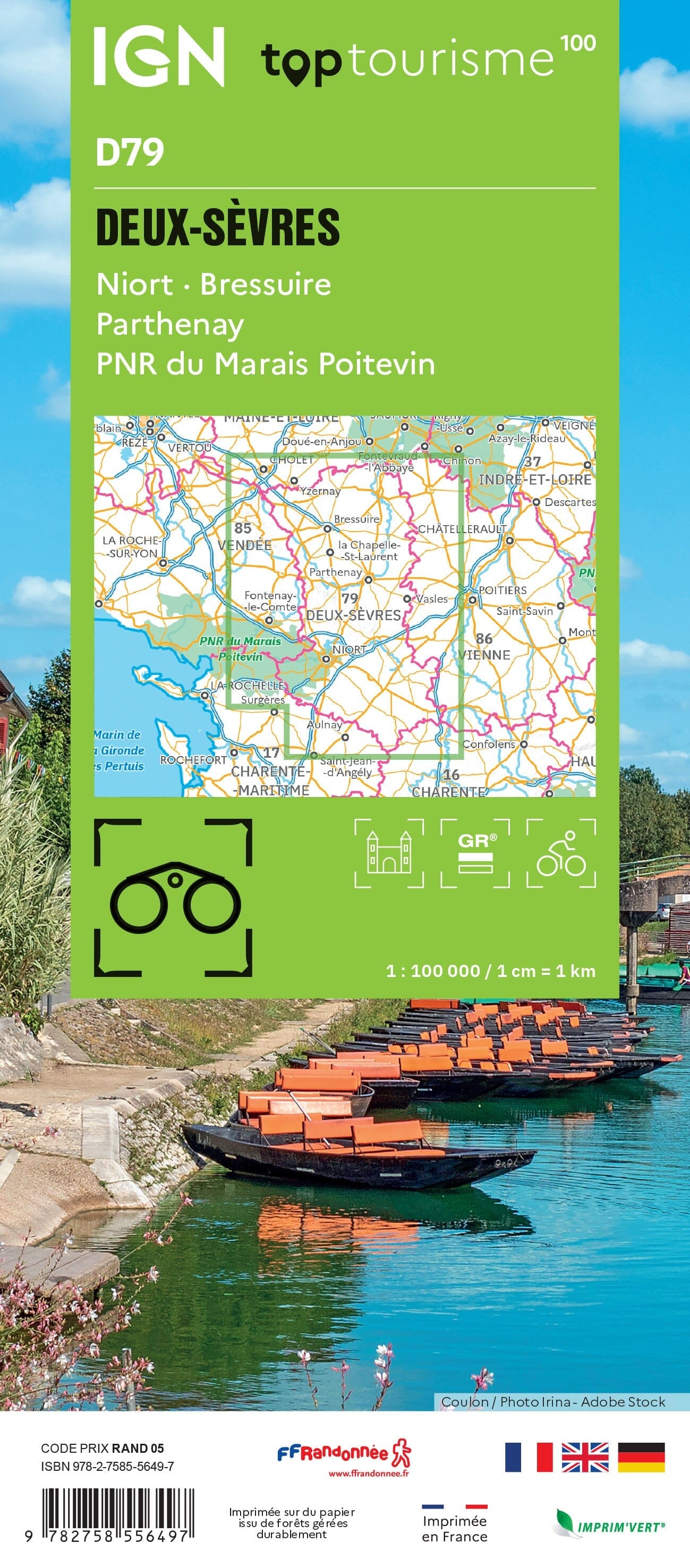 Carte touristique TOP 100 D79 - Deux-Sèvres : Niort, Bressuire, Parthenay, Pnr du Marais Poitevin | IGN carte routière IGN