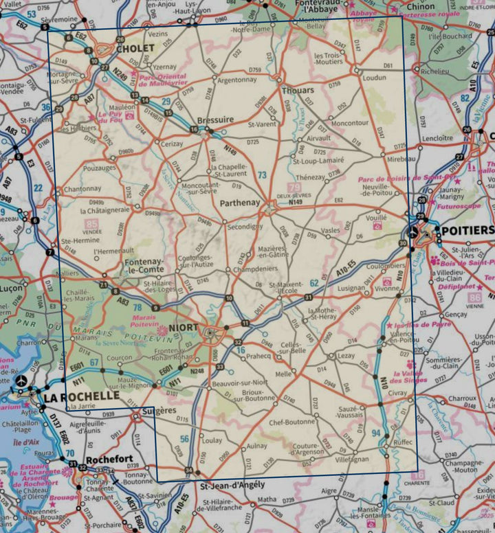 Carte touristique TOP 100 D79 - Deux-Sèvres : Niort, Bressuire, Parthenay, Pnr du Marais Poitevin | IGN carte routière IGN 