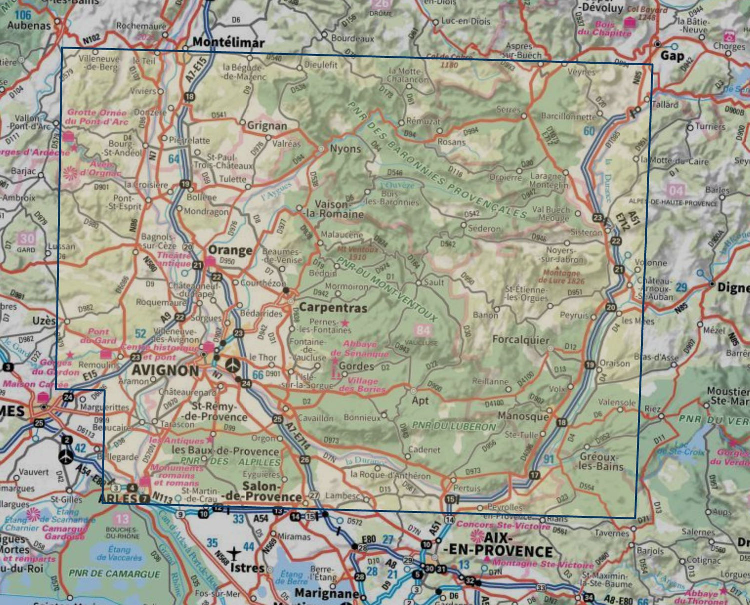 Carte touristique TOP 100 D84 - Vaucluse : Avignon, Carpentras, PNR Luberon et Mont-Ventoux | IGN carte routière IGN 