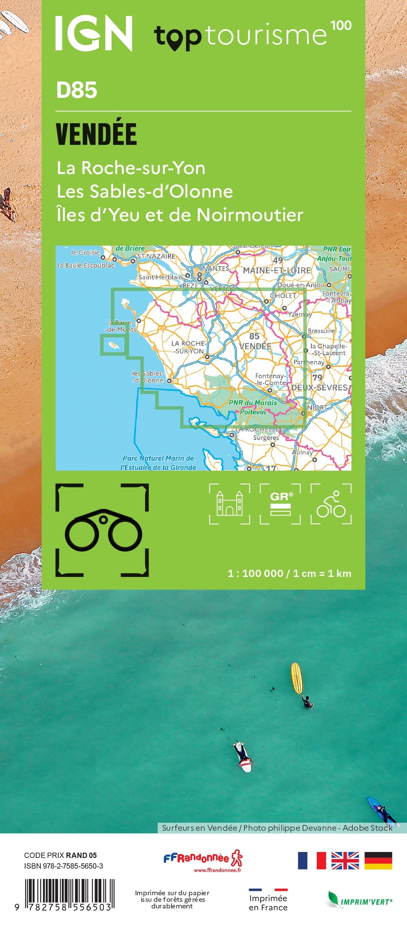 Carte touristique TOP 100 D85 - Vendée : La Roche Sur Yon, Les Sables D'Olonne, Îles D'Yeu et de Noirmoutier | IGN carte routière IGN