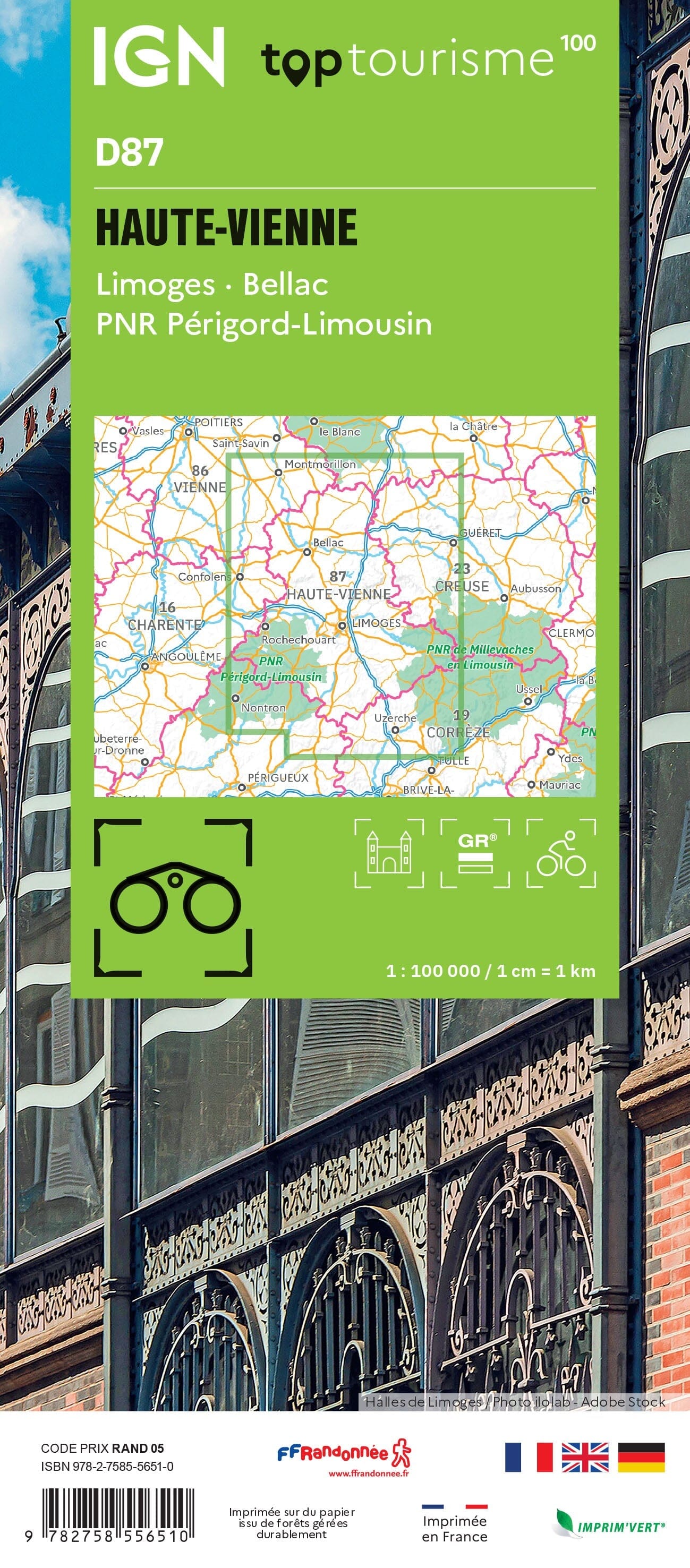 Carte touristique TOP 100 D87 - Haute-Vienne : Limoges, Bellac, Pnr Périgord-Limousin | IGN carte routière IGN