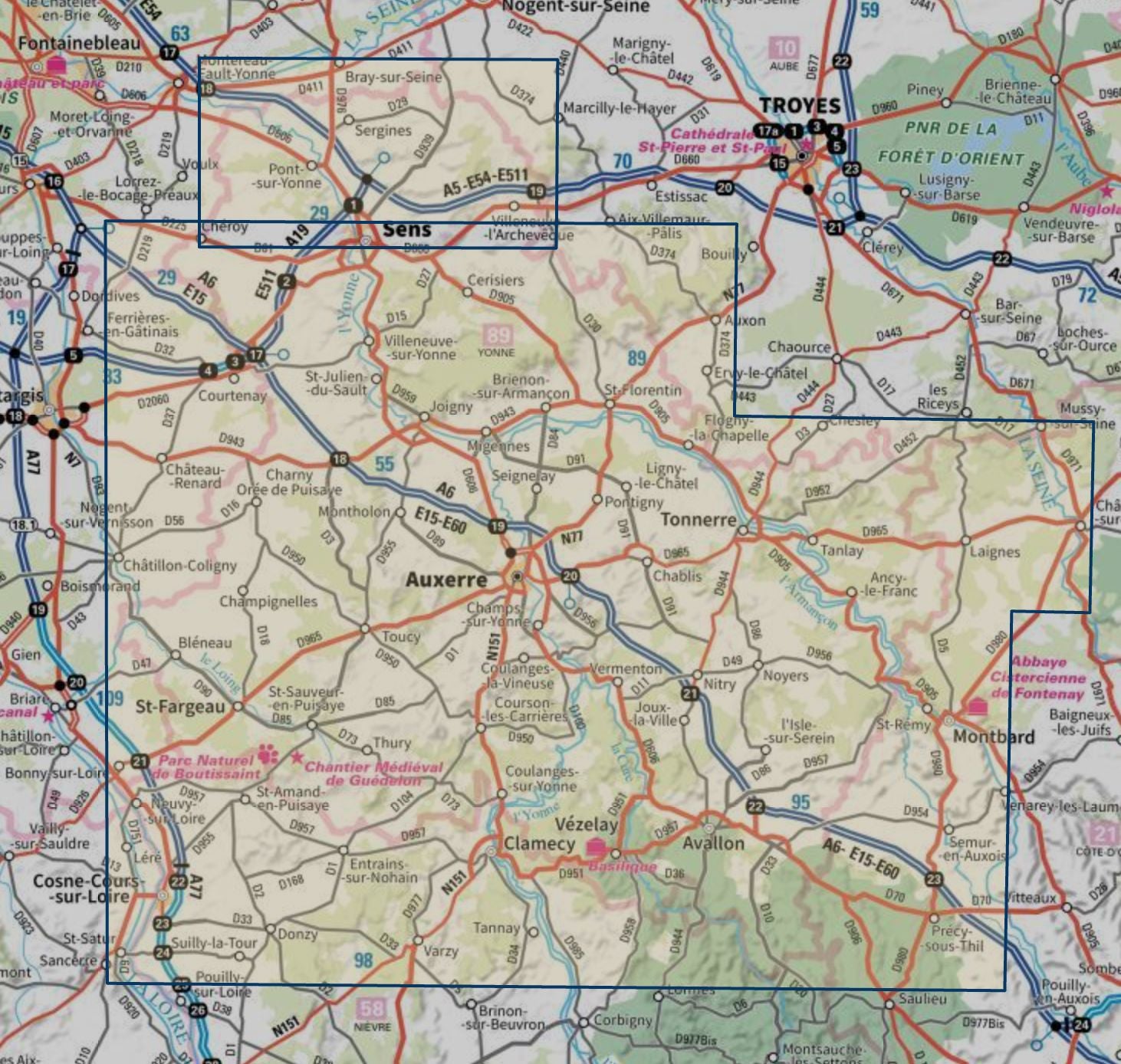 Carte touristique TOP 100 D89 - Yonne : Auxerre, Avallon, Sens | IGN carte routière IGN 