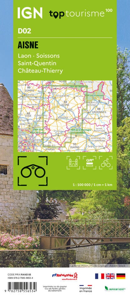 Carte touristique TOP100 D02 - Aisne : Laon, Soisson, Saint-Quentin, Château-Thierry | IGN carte routière IGN