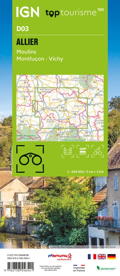 Carte touristique TOP100 D03 - Allier : Moulin, Montluçon, Vichy | IGN carte routière IGN