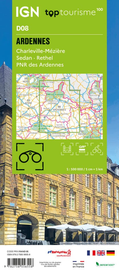 Carte touristique TOP100 D08 - Ardennes : Charleville-Mézière, Sedan, Pnr des Ardennes | IGN carte routière IGN