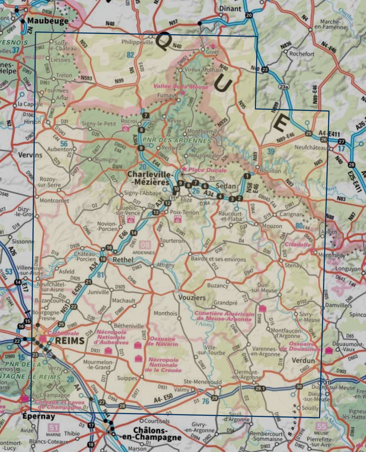 Carte touristique TOP100 D08 - Ardennes : Charleville-Mézière, Sedan, Pnr des Ardennes | IGN carte routière IGN 