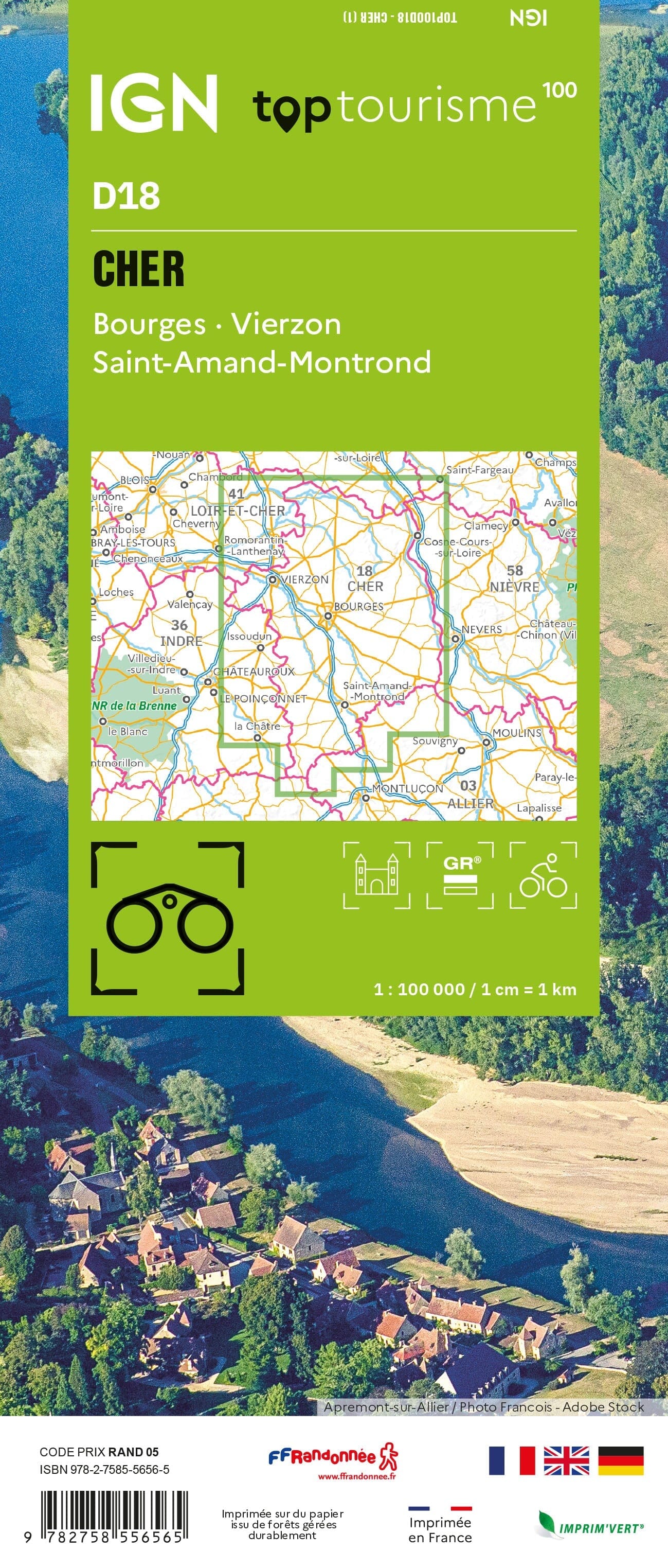 Carte touristique TOP100 D18 - Cher : Bourges, Vierzon, Saint-Amand-Montrond | IGN carte routière IGN