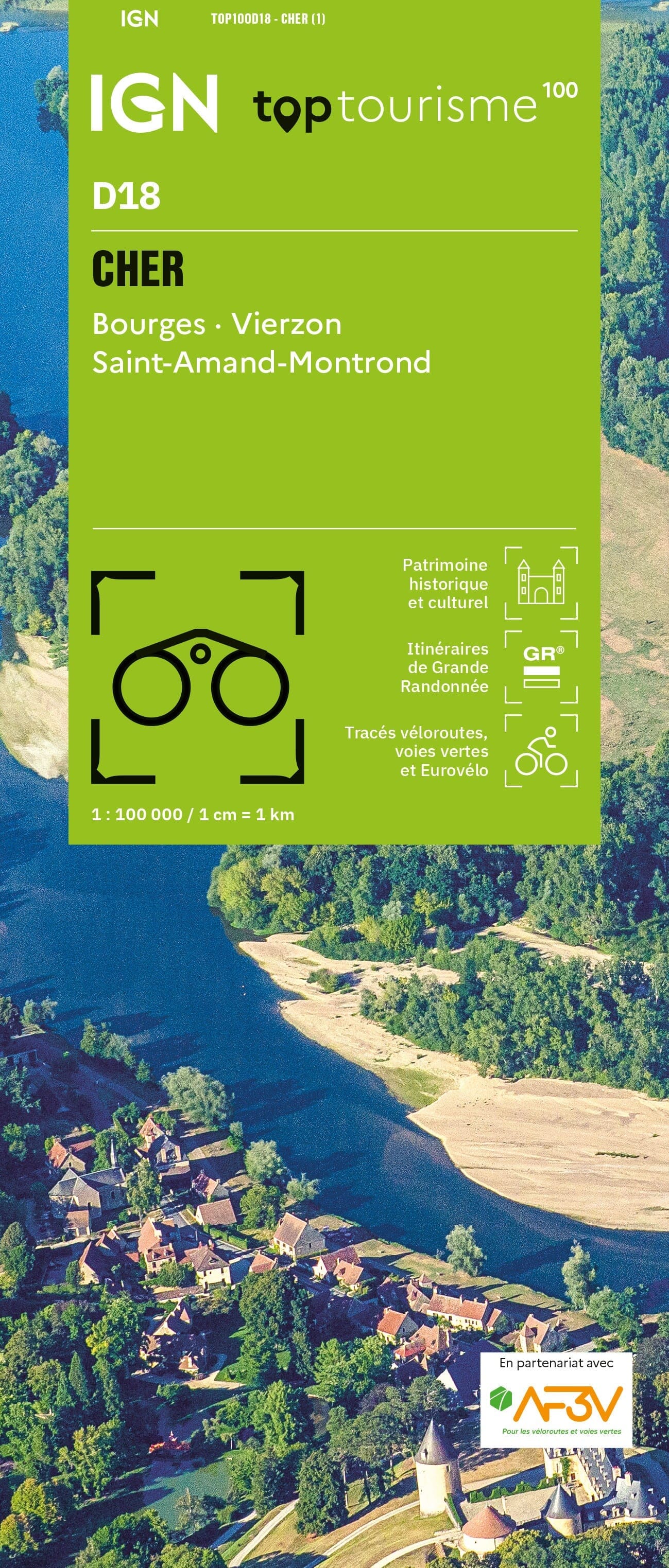 Carte touristique TOP100 D18 - Cher : Bourges, Vierzon, Saint-Amand-Montrond | IGN carte routière IGN Default Title