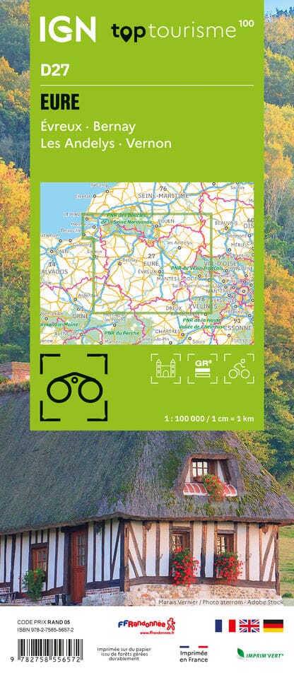 Carte touristique TOP100 D27 - Eure : Évreux, Bernay, Les Andelys, Vernon | IGN carte routière IGN