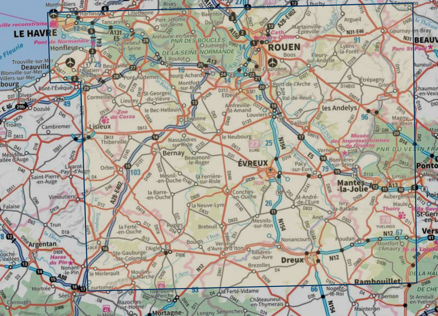 Carte touristique TOP100 D27 - Eure : Évreux, Bernay, Les Andelys, Vernon | IGN carte routière IGN 