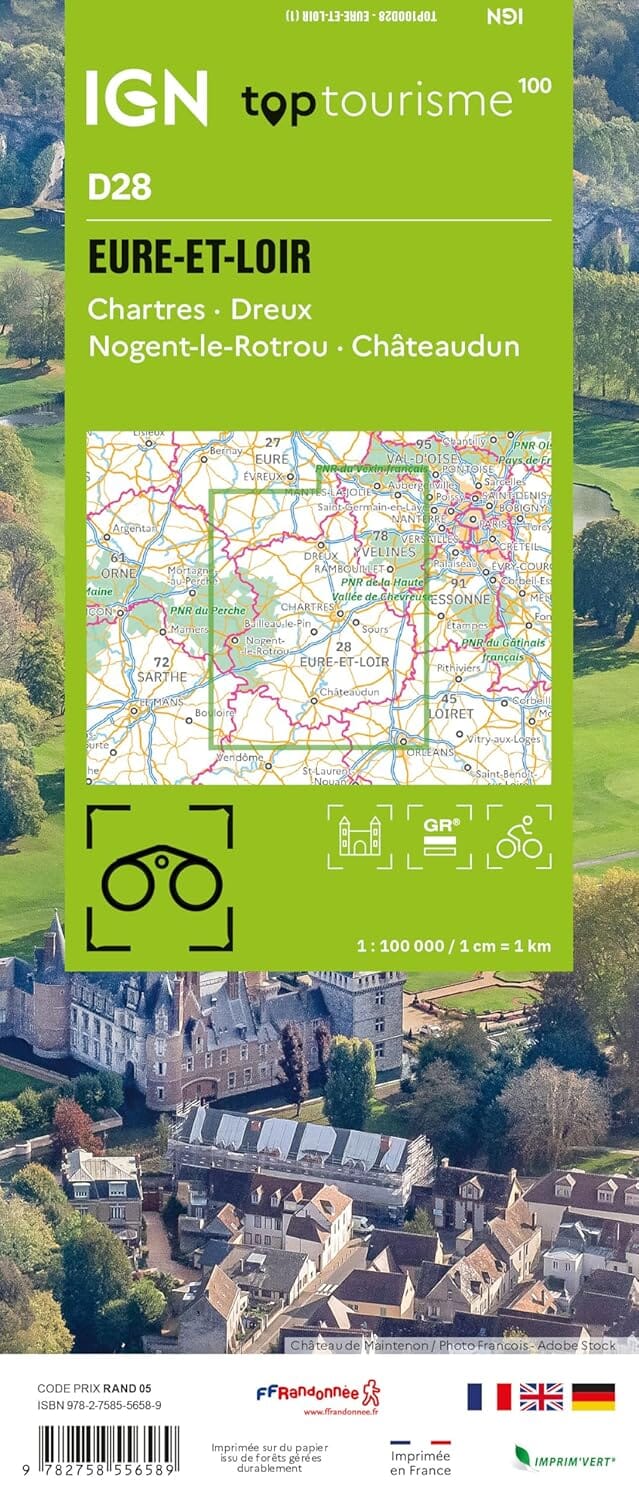 Carte touristique TOP100 D28 - Eure-et-Loir : Chartres, Dreux, Mogent-Le-Retrou, Châteaudun | IGN carte routière IGN
