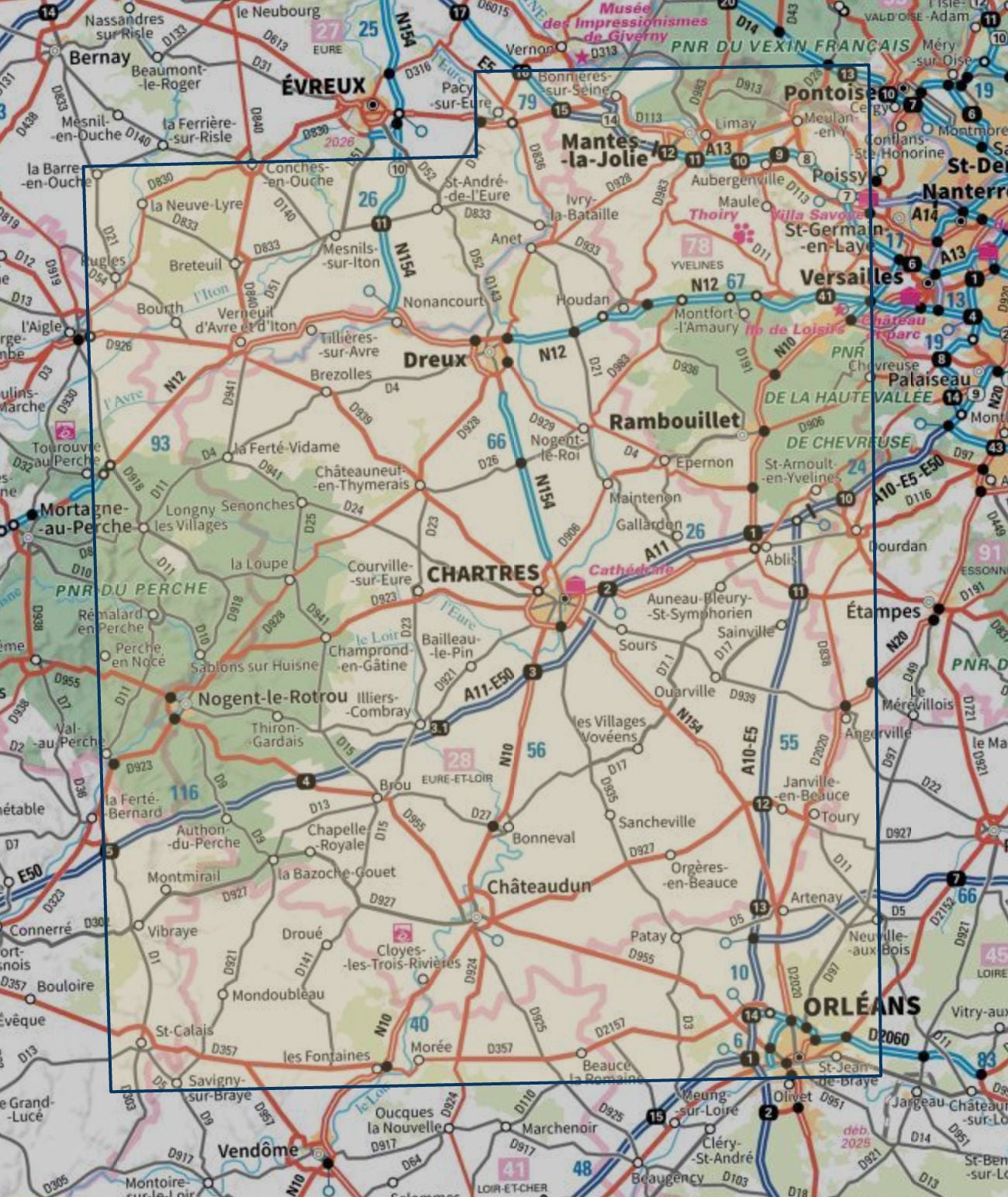 Carte touristique TOP100 D28 - Eure-et-Loir : Chartres, Dreux, Mogent-Le-Retrou, Châteaudun | IGN carte routière IGN 