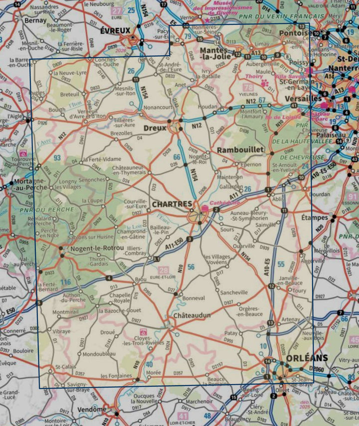 Carte touristique TOP100 D28 - Eure-et-Loir : Chartres, Dreux, Mogent-Le-Retrou, Châteaudun | IGN carte routière IGN 