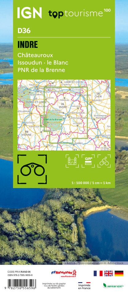 Carte touristique TOP100 D36 - Indre : Châteauroux, Issoudun, Le Blanc, Pnr de la Brenne | IGN carte routière IGN