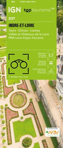 Carte touristique TOP100 D37 - Indre-et-Loire : Tours, Chinon, Loches, Vallée et Châteaux de la Loire, Pnr Loire-Anjou-Touraine | IGN carte routière IGN