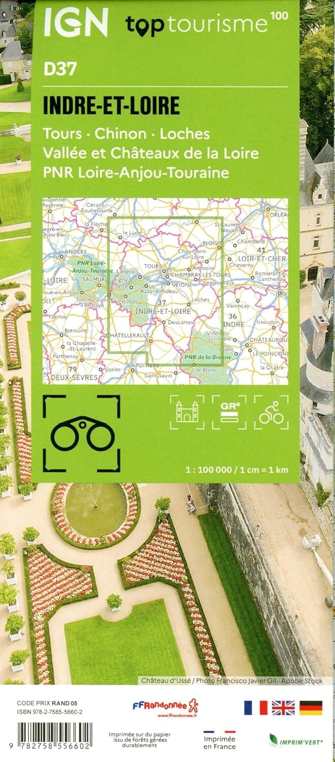 Carte touristique TOP100 D37 - Indre-et-Loire : Tours, Chinon, Loches, Vallée et Châteaux de la Loire, Pnr Loire-Anjou-Touraine | IGN carte routière IGN